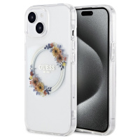 Guess Flowers Ring Glossy MagSafe Kryt pre iPhone 15 Plus, Transparentný