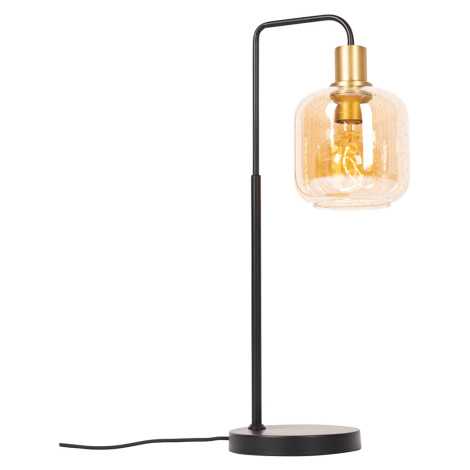 Dizajnová stolná lampa čierna s mosadzou a jantárovým sklom - Zuzanna QAZQA