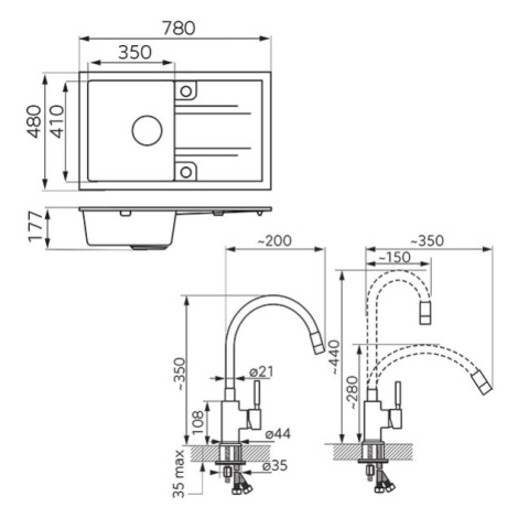 Ferro Drezy - sada granitový drez + flexi batéria Ferro Zumba BZA4B, 1-komorový 780x480 mm, šedá