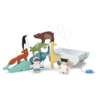 Drevený chlapček a dievčatko so zvieratkami The Friend Ship Tender Leaf Toys na vozíku, 12 dielo