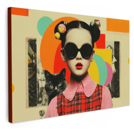 MuchoWow OBRAZ NA PLÁTNE Dievča - slnečné okuliare - mačka - retro 30x20 cm