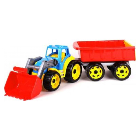 Traktor modrý s prednou lyžicou a červeným vlekom Teddies