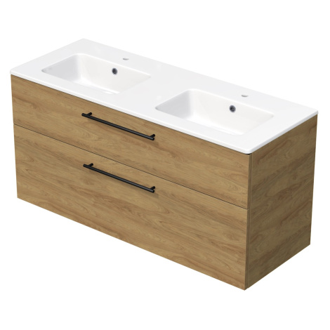 INTEDOOR Kúpeľ.skriňa+dvojumývadlo BEE, úchyt čierny, š. 121 cm, dub Hickory