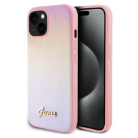 Guess PU Leather Iridescent Metal Script Zadný Kryt pre iPhone 15 Pink