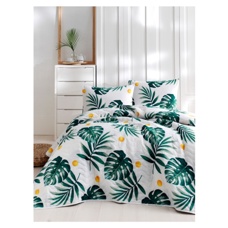 Set bavlněného přehozu přes postel a povlaku na polštář Lura 160x220 cm zeleno-bílé