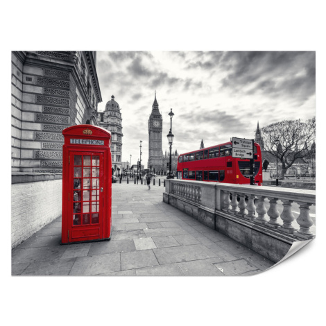 Muralo FOTOTAPETA Pre Obývaciu Izbu Červená Telefónna Búdka Londýn Monument BIG BEN Autobus 100 