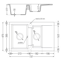 Mexen Gaspar, 1,5-komorový granitový drez 737x475x177 mm a drezová batéria Flora, čierna-striebo