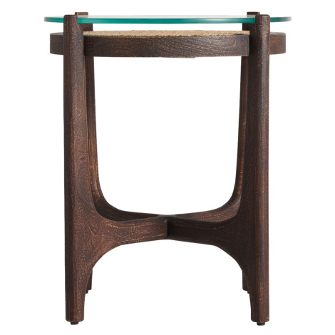 Estila Moderný okrúhly príručný stolík Nossen z mangového dreva, skla a ratanu v hnedej farbe 56