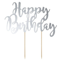PartyDeco zapichovacia dekorácia na tortu strieborná Happy Birthday KPT11-018M dortis - PartyDec