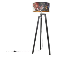 Stojací lampa statív čierna s tienidlom kvetinový vzor 50 cm - Puros