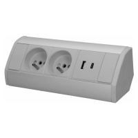 Nábytková zásuvka 2x2P+E, 2xUSB (typ A+C; 2,4A), sivo-strieborná