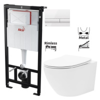 ALCADRAIN Sádromodul - predstenový inštalačný systém s bielym tlačidlom M1710 + WC REA Carlo Fla