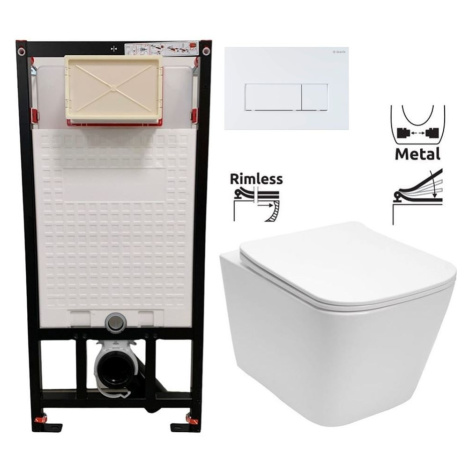 DEANTE Podstavný rám, pre závesné WC misy + SLIM tlačidlo bílé  + WC REA Raul Rimless + SEDADLO 