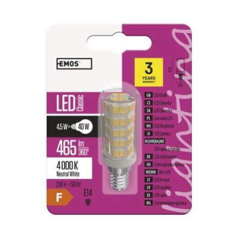 EMOS LED žiarovka do digestora Classic JC / E14 / 4,5 W (40 W) / 465 lm / neutrálna biela, 15257