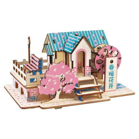 Dřevěné 3D puzzle Jarní dům modro-růžové