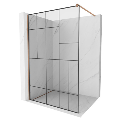 Mexen Kioto, sprchová zástena Walk-In 90 x 200 cm, 8mm číre sklo čierny vzor, medený matný profi