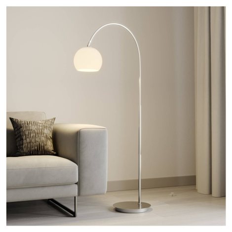 Oblúková lampa Lindby Cynthia, niklová farba, sklo, 140 cm, E27