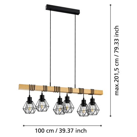 Závesné svietidlo Townshend, dĺžka 100 cm, čierna/dub, 6 svetiel.