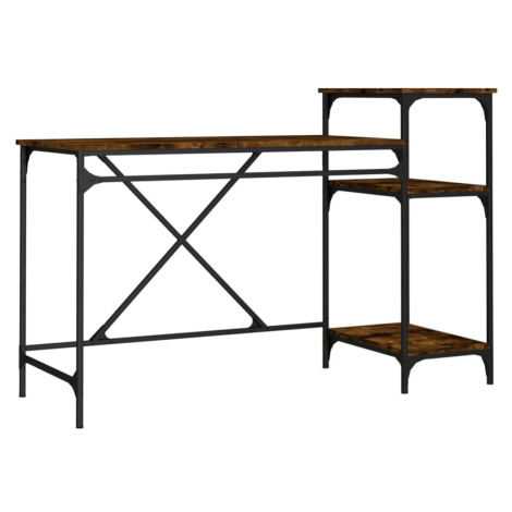 vidaXL Stôl s policami dymový dub 135x50x90 cm spracované drevo železo