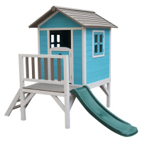 Drevený záhradný domček pre deti so šmykľavkou, modrá/sivá/biela, MAILEN