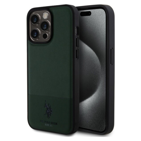 U.S. Polo PU Leather Mesh Pattern Double Horse Zadný Kryt pre iPhone 15 Pro Max Green