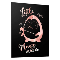 Čierny plagát pre deti so zrkadlovou grafikou ružového tučniaka