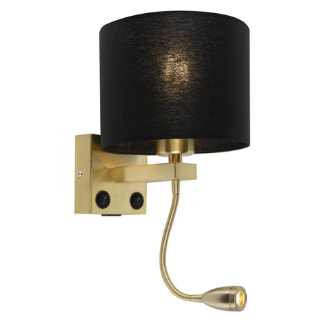 Nástenná lampa v štýle art deco zlatá s USB a čiernym tienidlom - Brescia QAZQA