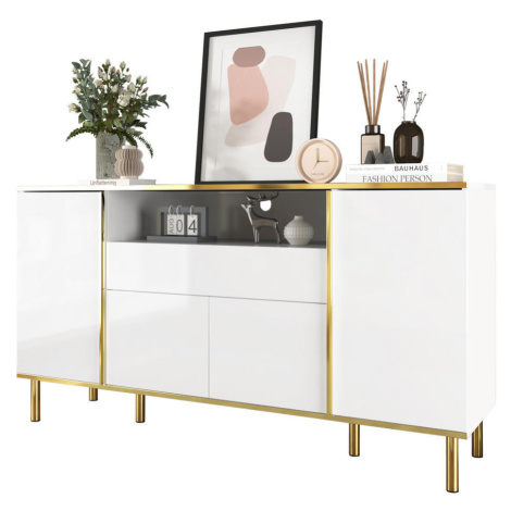 Redom SIDEBOARD 150/40/80 cm s LED osvetlením, lesklým povrchom a zlatými detailmi, Biela