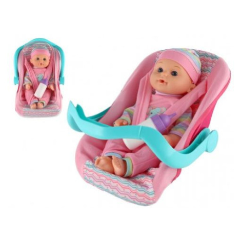 Bábika bábätko 30cm plast v nosítku/autosedačke s fľaškou Teddies