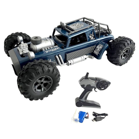 Auto RC buggy vypúšťajúce paru plast 38cm modré 2,4GHz na bat. + dobíjacie pack v krabici 55x26x