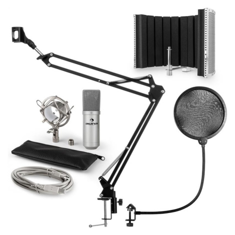 Auna MIC-900S, USB mikrofónová sada V5, strieborná, kondenzátorový mikrofón, pop filter, akustic