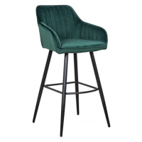Estila Moderná barová stolička Vittel so zamatovým smaragdovozeleným poťahom s čiernymi kovovými