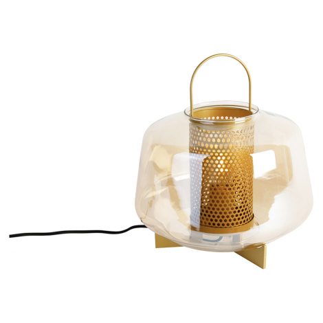 Stolná lampa Art Deco zlatá s jantárovým sklom 30 cm - Kevin QAZQA
