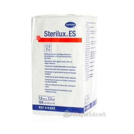 Sterilux ES kompres nesterilný 17 vlákien 8 vrstiev 7,5 cm x 7,5 cm 100 ks