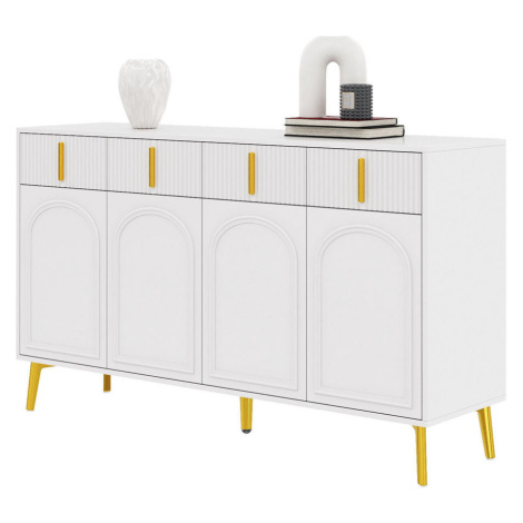 Modfu KOMODA z MDF 140x38x82 cm biela s 4 zásuvkami, 4 dvierkami, nastaviteľnými policami a zlat