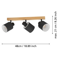 Stropné bodové svietidlo Batallas, dĺžka 48 cm, čierna/drevo, 3 svetlá.