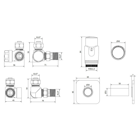 Mexen G00, axiálny ventil G1/2" s hranatými krytkami a termostatickou hlavicou M30x1,5 mm, biela