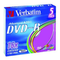 Verbatim DVD-R, Colour, 43557, 4.7GB, 16x, slim box, 5-pack, bez možnosti potisku, 12cm, pro arc