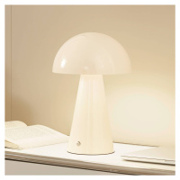 Lindby LED dobíjacia stolová lampa Nevijo, béžová, Ø20cm, USB, stmievač