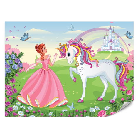 Muralo FOTOTAPETA Pre Detskú Izbu Princezná Jednorožec Zámok Kvety 500 x 350 cm