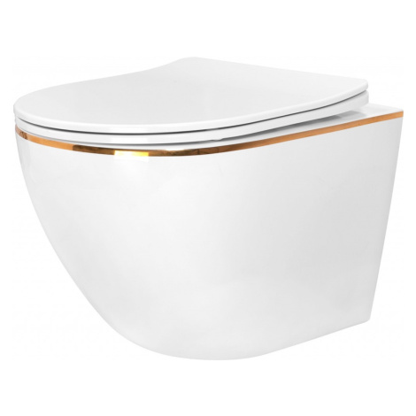REA - Závesná WC misa vrátane sedátka Carlo Mini Flat biela/zlatý prúžok REA-C1222