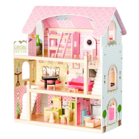 Drevený domček pre bábiky s bábikami