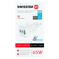 SWISSTEN GaN Travel Charger 2xUSB-C 65W PD + 1xUSB-A 18W QC biela