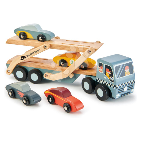 Drevený kamión Car Transporter Tender Leaf Toys s pohyblivou plošinou a 4 autíčkami