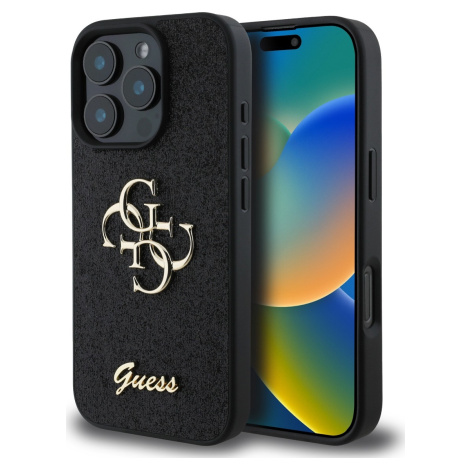 Guess Fixed Glitter 4G Metal Logo Kryt pre iPhone 16 Pro, Čierne