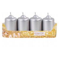 Adventná sviečka valec, metalická lesklá strieborná, pr. 5 x 9 cm, 4 ks