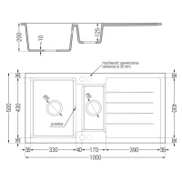 Mexen Andres, granitový drez 1000x500x200 mm, 1,5-komorový a drezová batéria Carla, čierna, 6515