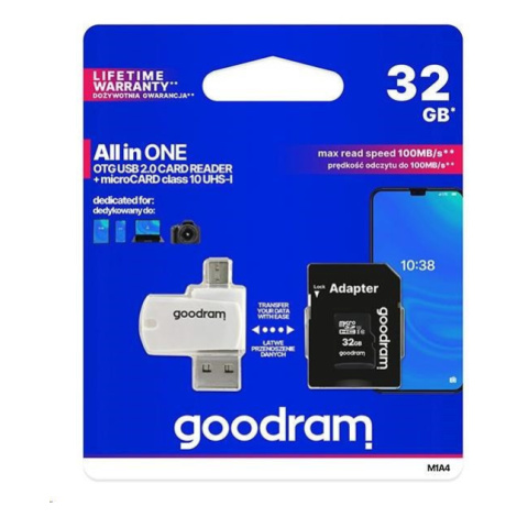 GOODRAM microSDHC karta 32GB M1A4 All-in-one (R:100/W:10 MB/s), UHS-I Class 10, U1 + Adapter + O