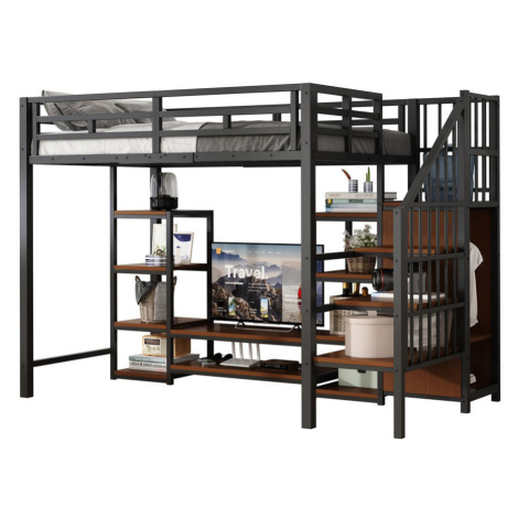 OKWISH VYSOKÁ posteľ 90/200 cm čierna z kovu a MDF s TV stojanom zásuvkou a úložným rebríkom