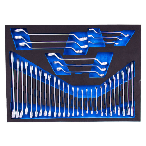 Sada očkoplochých, plochých a vyhnutých očkových kľúčov vo vložke do dielenského vozíka, 36 diel AHProfi